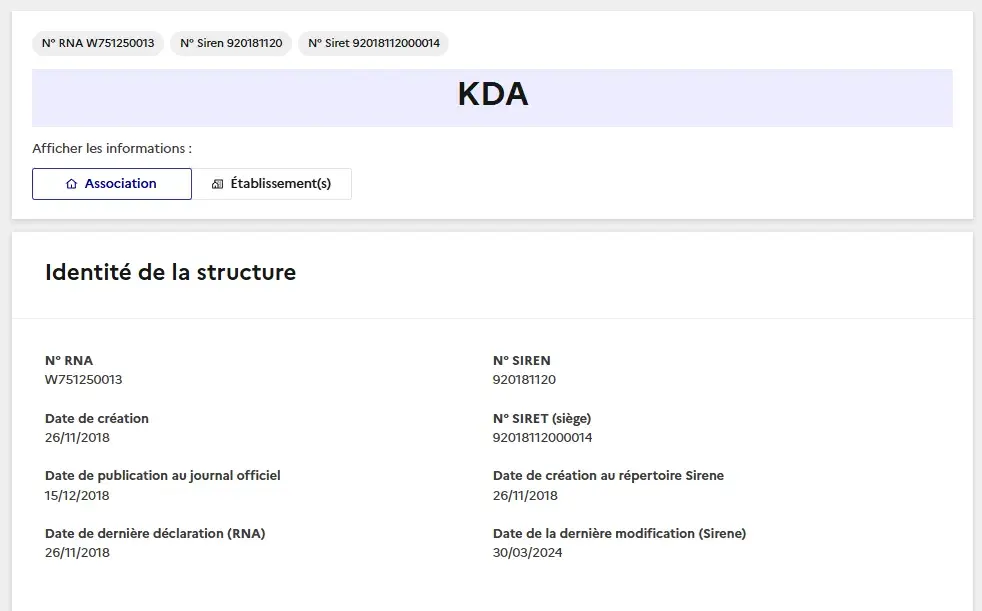 Capture d'écran du nouvel affichage des informations administratives